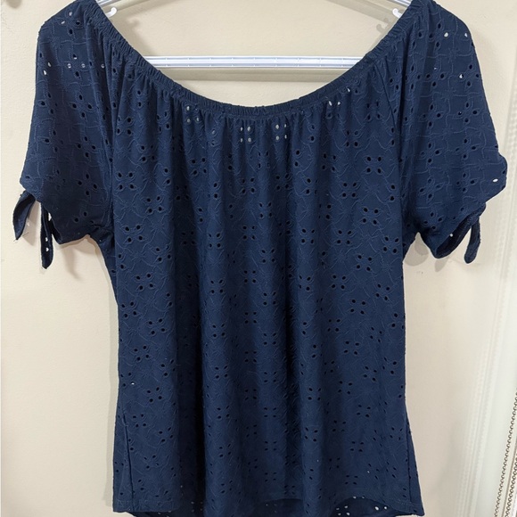 Eclipse Navy Eyelet Off-Shoulder Blouse - Picture 2 of 3